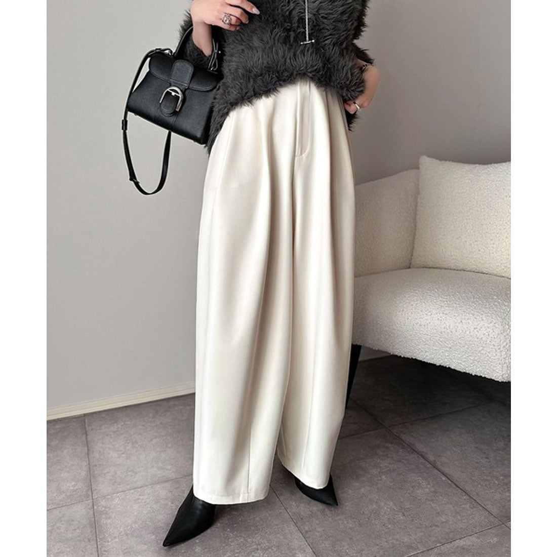 クラシカルエルフ Classical Elf 【防シワ、ウォッシャブル機能付き】ONもOFFも。高機能タックワイドカーブシルエットスラックスパンツ （アイボリー） アイボリー