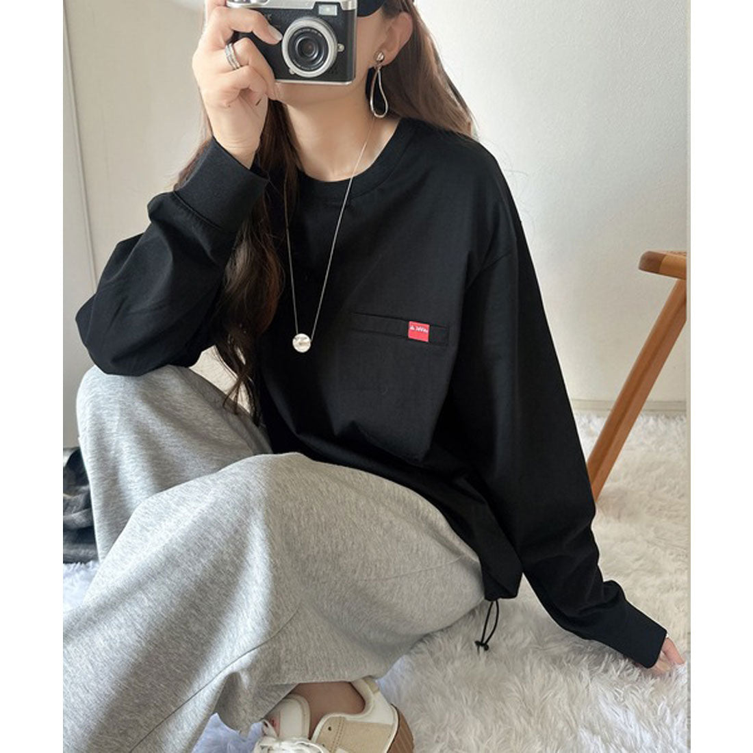 クラシカルエルフ Classical Elf 《JaVa ジャバコラボ》綿100％シルケット素材裾ドロストオーバーサイズTシャツ （ブラック長袖） ブラック長袖
