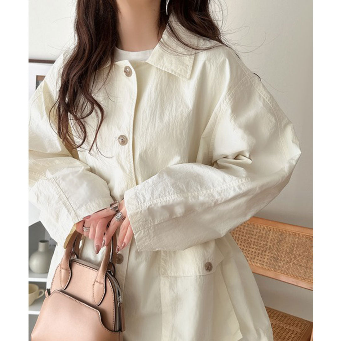 クラシカルエルフ Classical Elf 《JaVaジャバコラボ》ナイロンワッシャー素材ウエストドロストジャケットコート（ミドル丈） （アイボリー） アイボリー