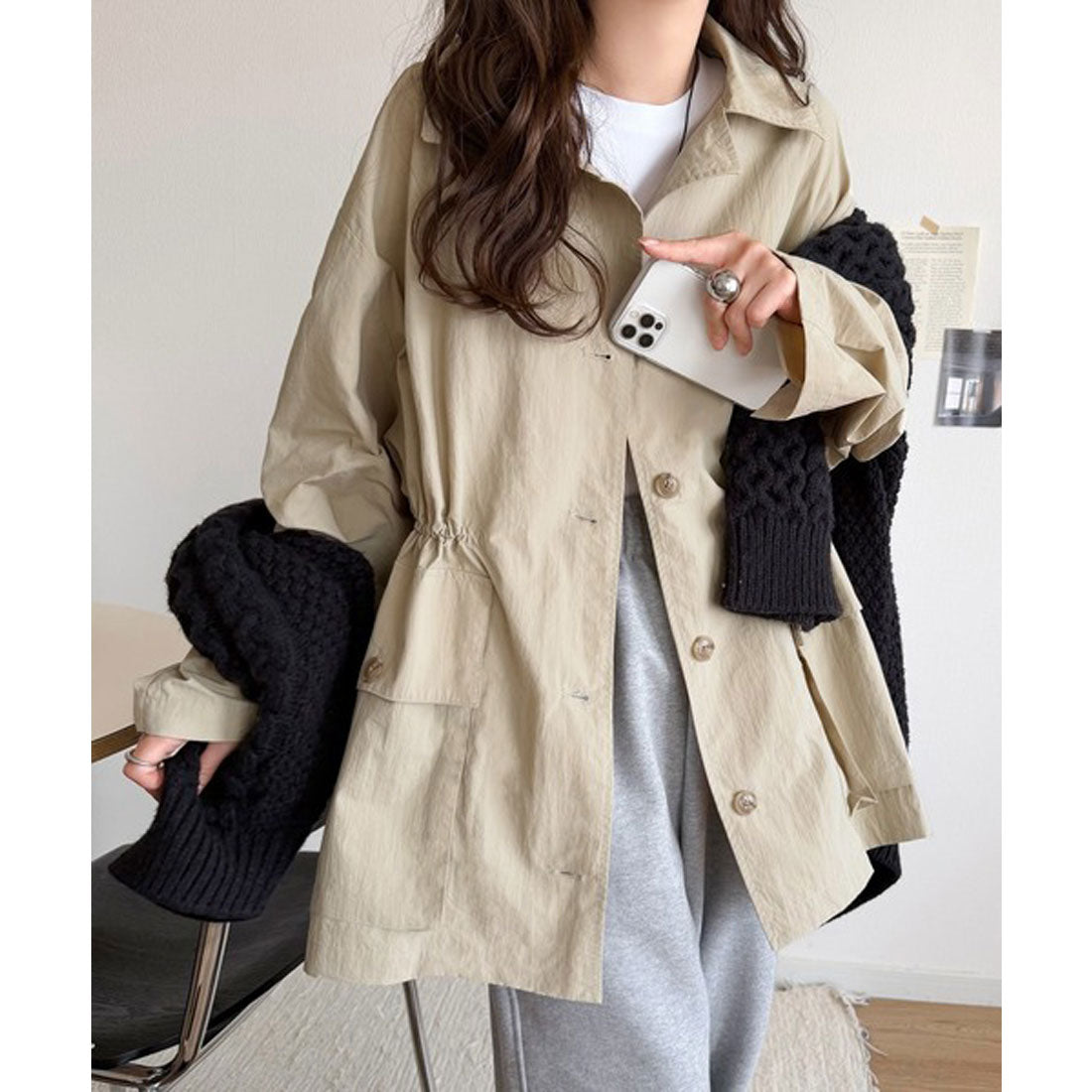 クラシカルエルフ Classical Elf 《JaVaジャバコラボ》ナイロンワッシャー素材ウエストドロストジャケットコート（ミドル丈） （アイボリー） アイボリー