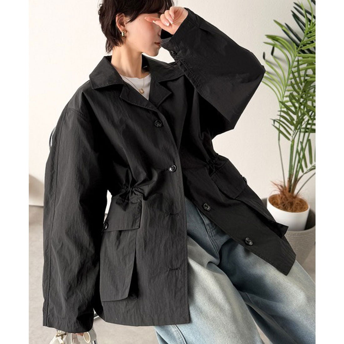 クラシカルエルフ Classical Elf 《JaVaジャバコラボ》ナイロンワッシャー素材ウエストドロストジャケットコート（ミドル丈） （アイボリー） アイボリー