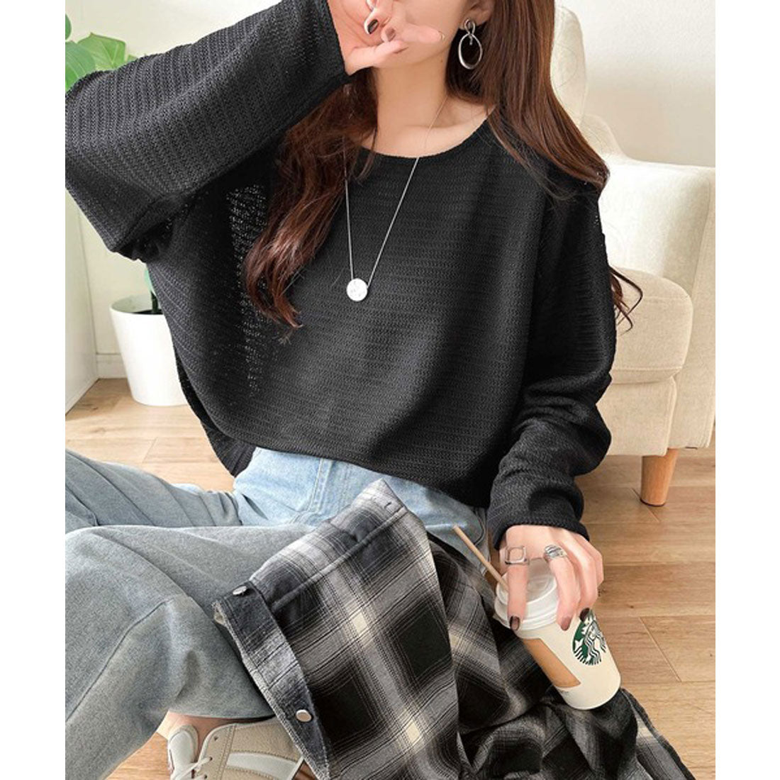 クラシカルエルフ Classical Elf 品のある透け感で、さりげない存在感を♪レーシージャガードドルマントップス(長袖) （チャコール） チャコール