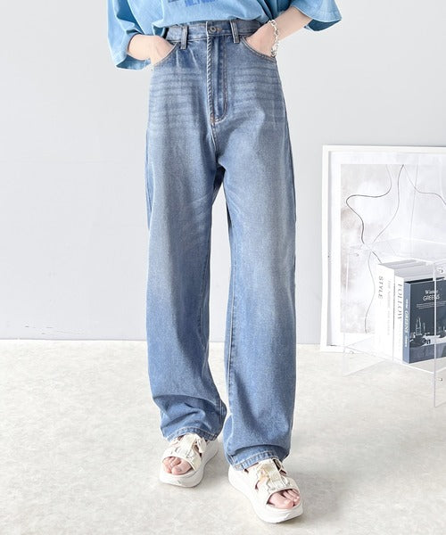 ゆったりハイウエストワイドストレート無地デニム＆チノパンツ