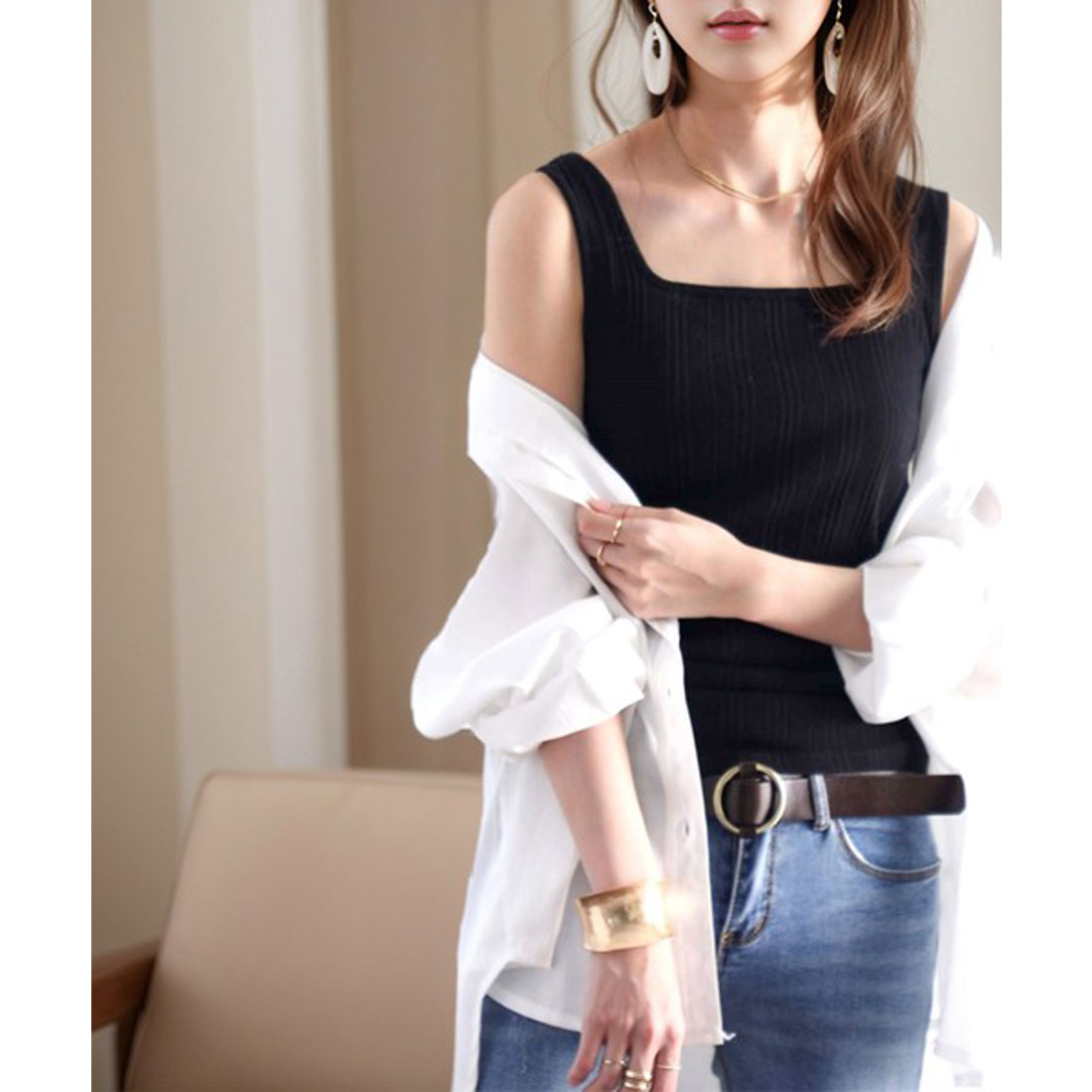 Classical Elf Random Rib Square Plain 2way Tank Top