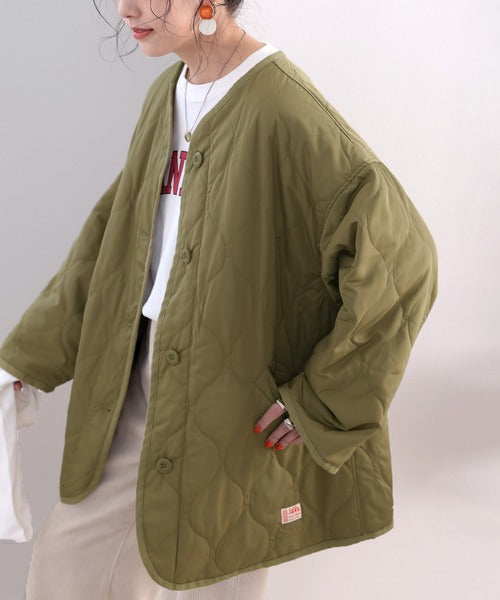 クラシカルエルフ Classical Elf ミドル丈ノーカラー無地波型キルティングジャケット,カーキ