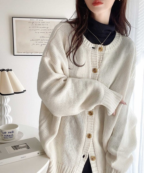 Classical Elf 2WAY Multi-Way Knit Mid-Length Plain Low Gauge Pullover &amp; Cardigan