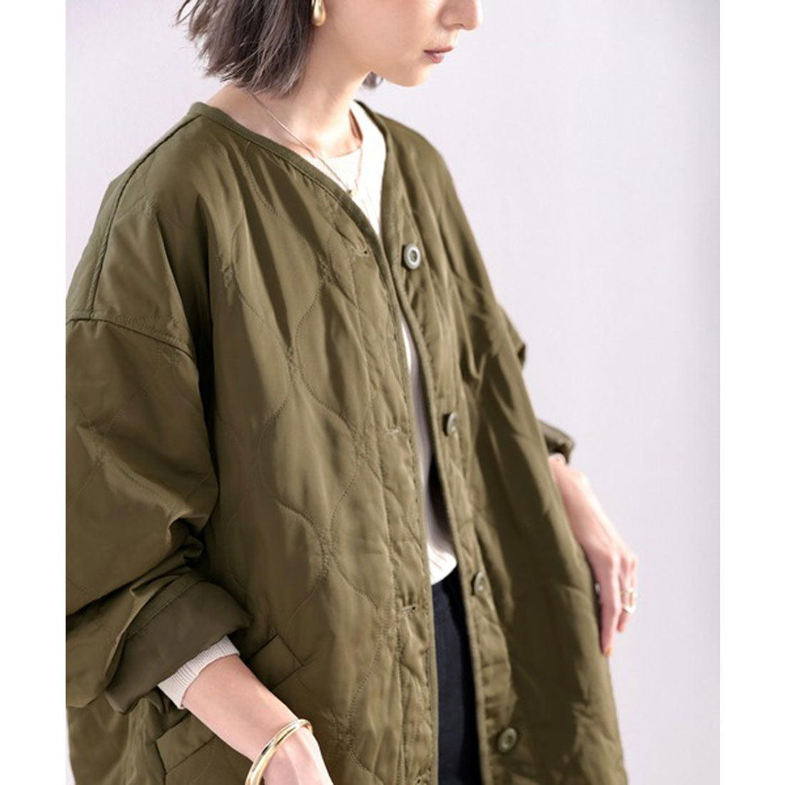 クラシカルエルフ Classical Elf ミドル丈ノーカラー無地波型キルティングジャケット,カーキブラウン