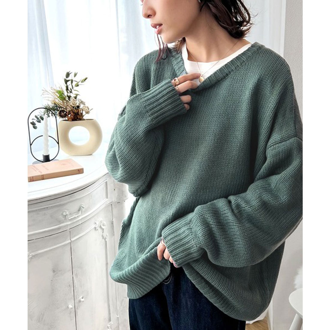 Classical Elf 2WAY Multi-Way Knit Mid-Length Plain Low Gauge Pullover &amp; Cardigan