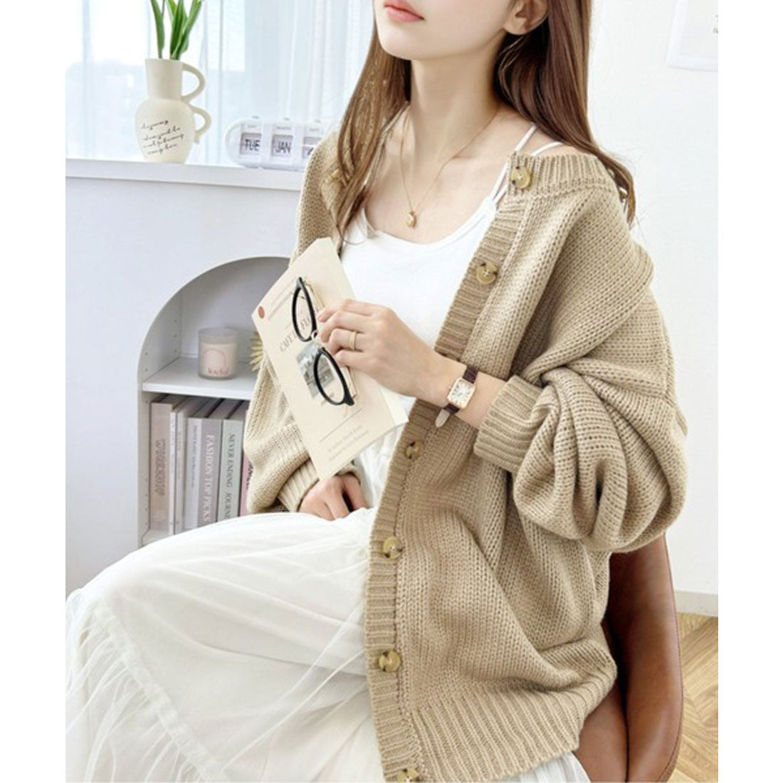 Classical Elf 2WAY Multi-Way Knit Mid-Length Plain Low Gauge Pullover &amp; Cardigan