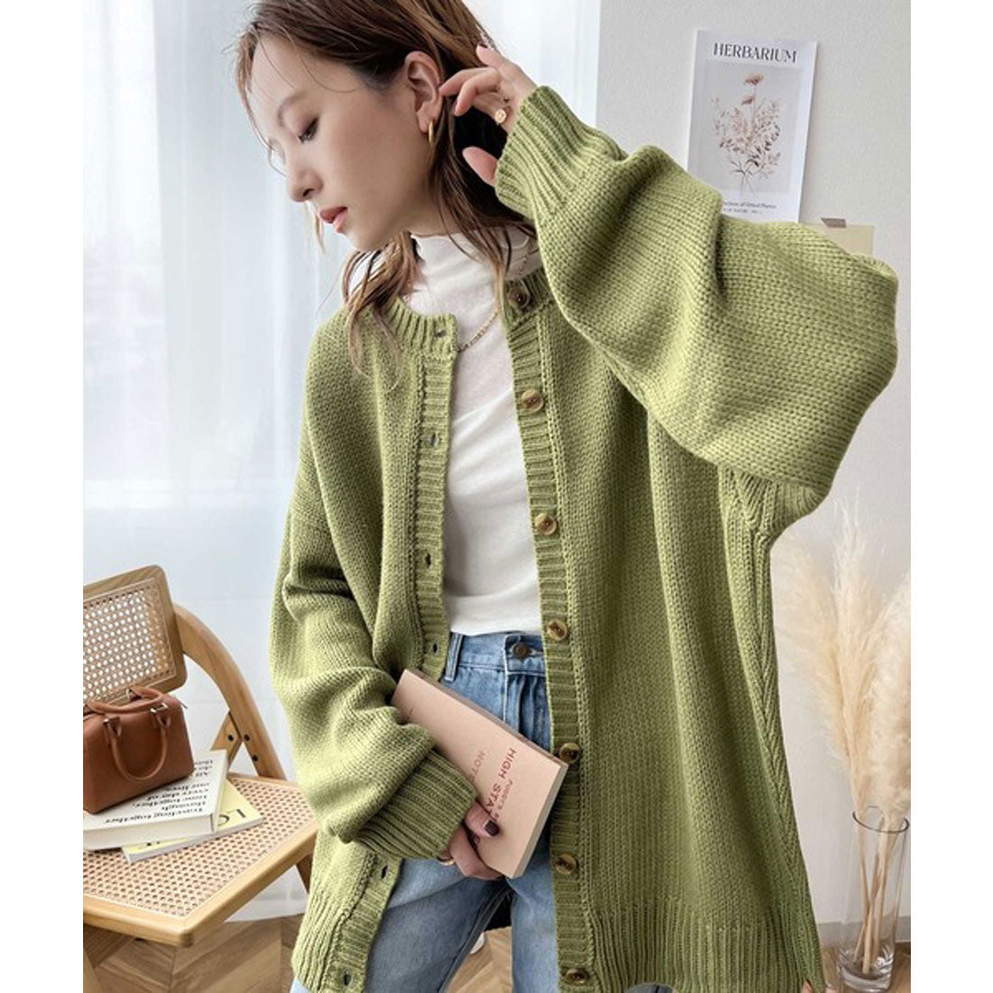 Classical Elf 2WAY Multi-Way Knit Mid-Length Plain Low Gauge Pullover &amp; Cardigan