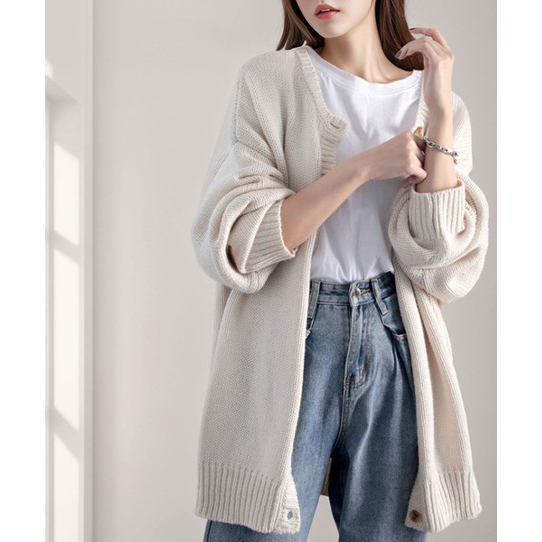 Classical Elf 2WAY Multi-Way Knit Mid-Length Plain Low Gauge Pullover &amp; Cardigan