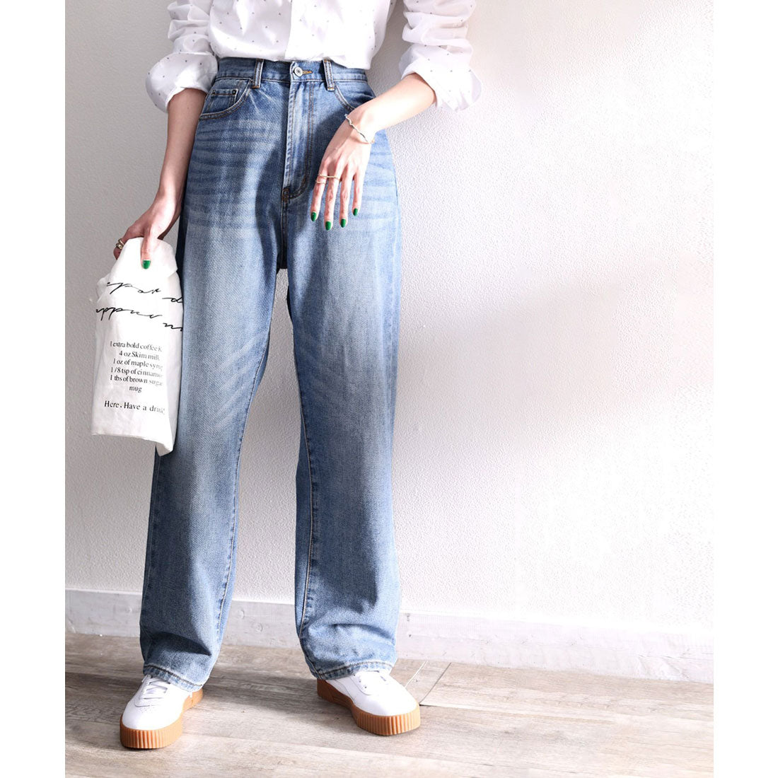 ゆったりハイウエストワイドストレート無地デニム＆チノパンツ