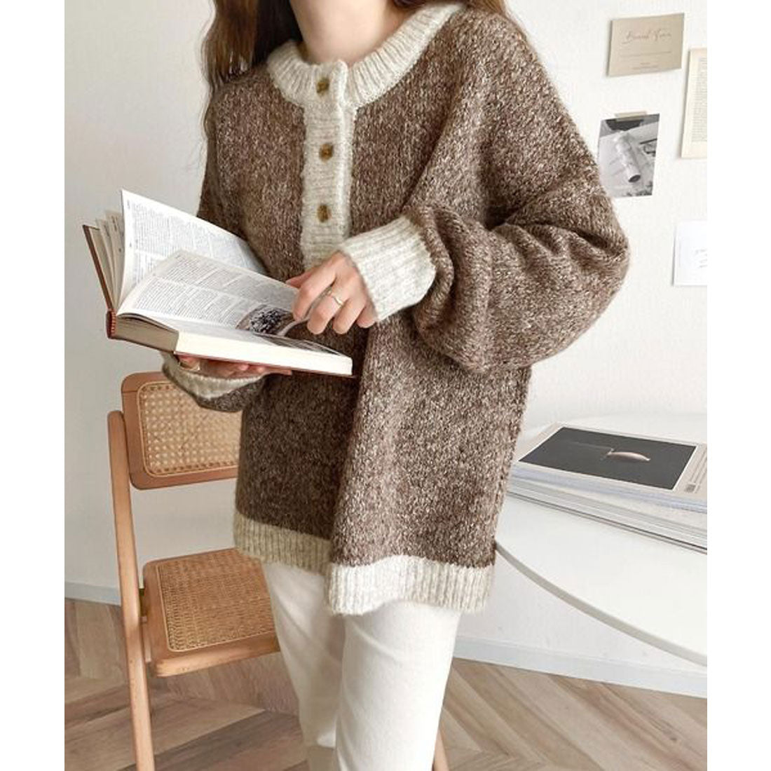 Classical Elf "JaVa Collaboration" A little more soothing. 2-way mixed color yarn bicolor henley knit pullover