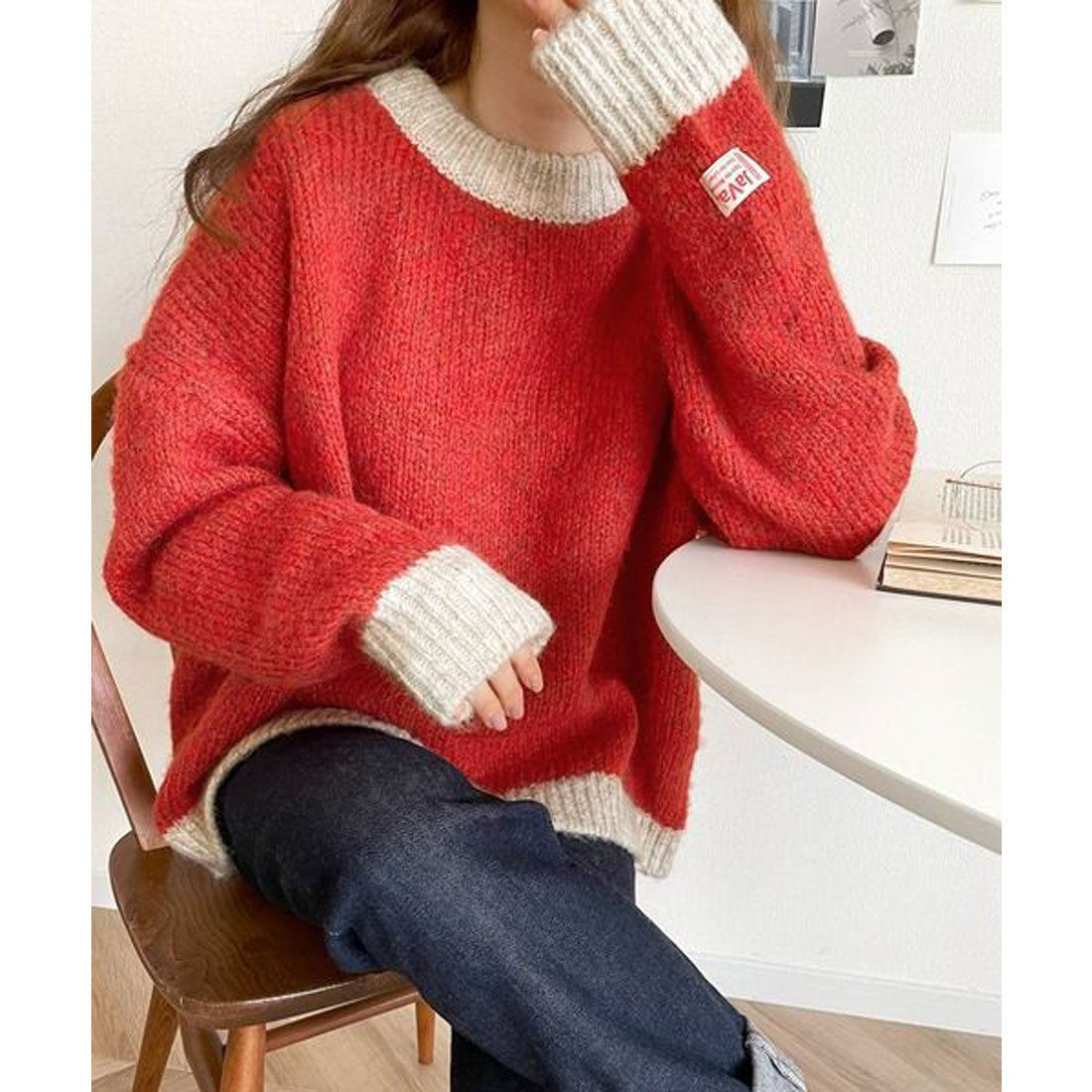 Classical Elf "JaVa Collaboration" A little more soothing. 2-way mixed color yarn bicolor henley knit pullover