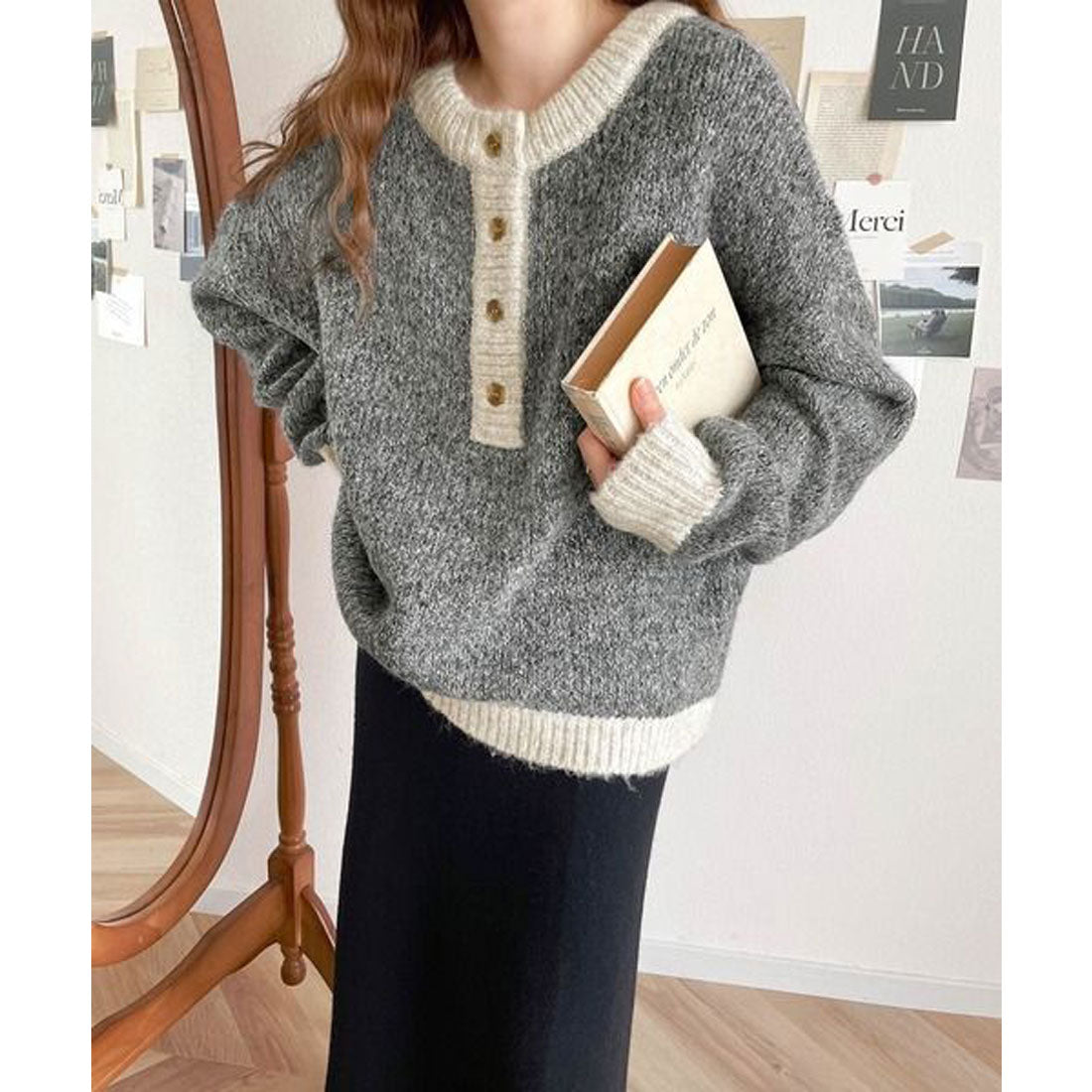 Classical Elf "JaVa Collaboration" A little more soothing. 2-way mixed color yarn bicolor henley knit pullover