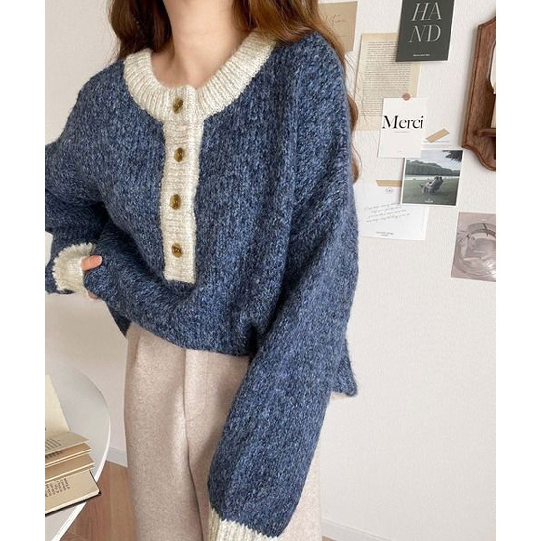 Classical Elf "JaVa Collaboration" A little more soothing. 2-way mixed color yarn bicolor henley knit pullover