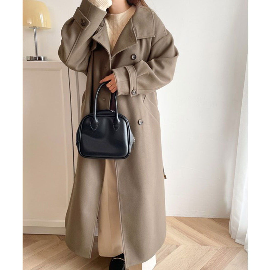 Classical Elf Long length is the mood♪ Knit mossa stand collar long coat