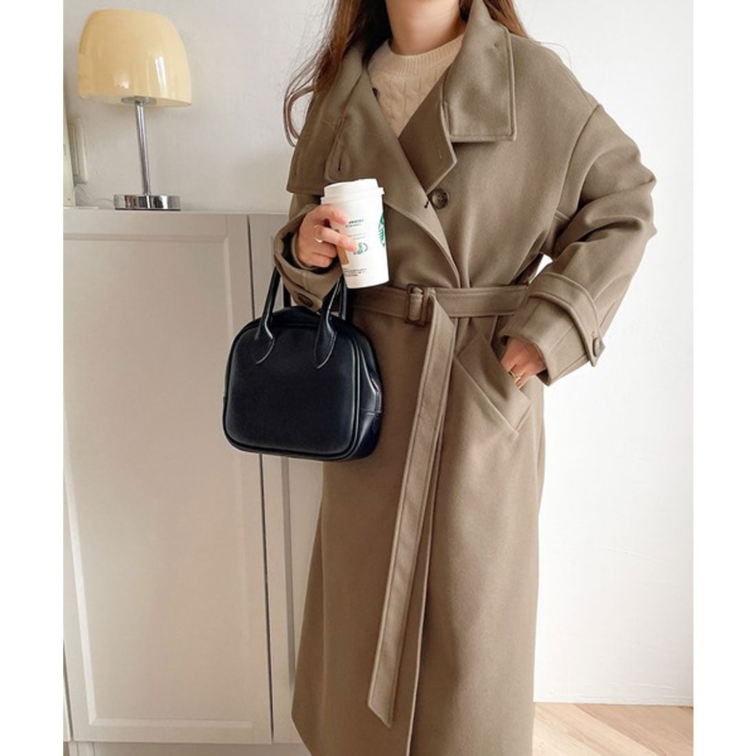 Classical Elf Long length is the mood♪ Knit mossa stand collar long coat