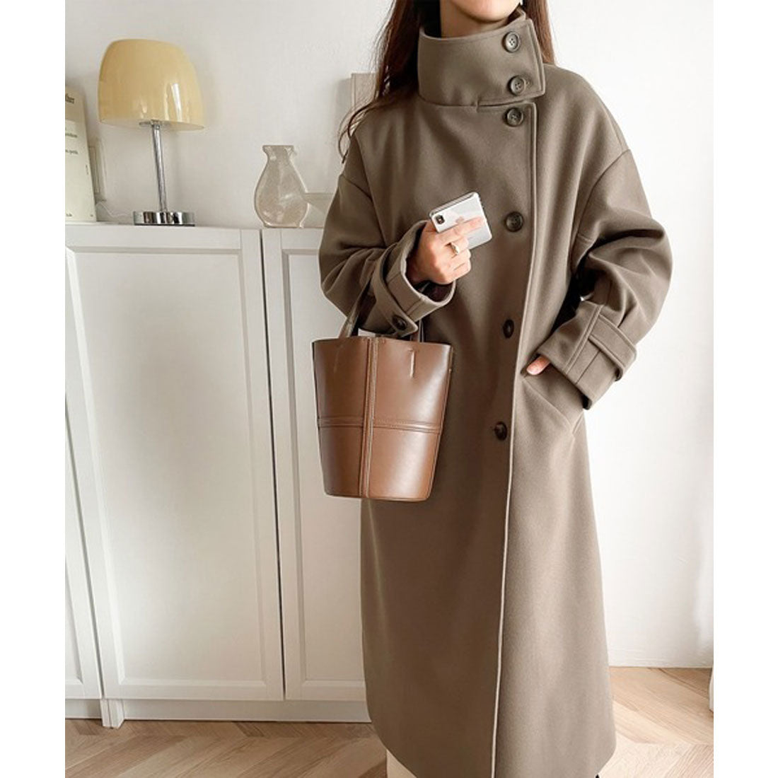 Classical Elf Long length is the mood♪ Knit mossa stand collar long coat