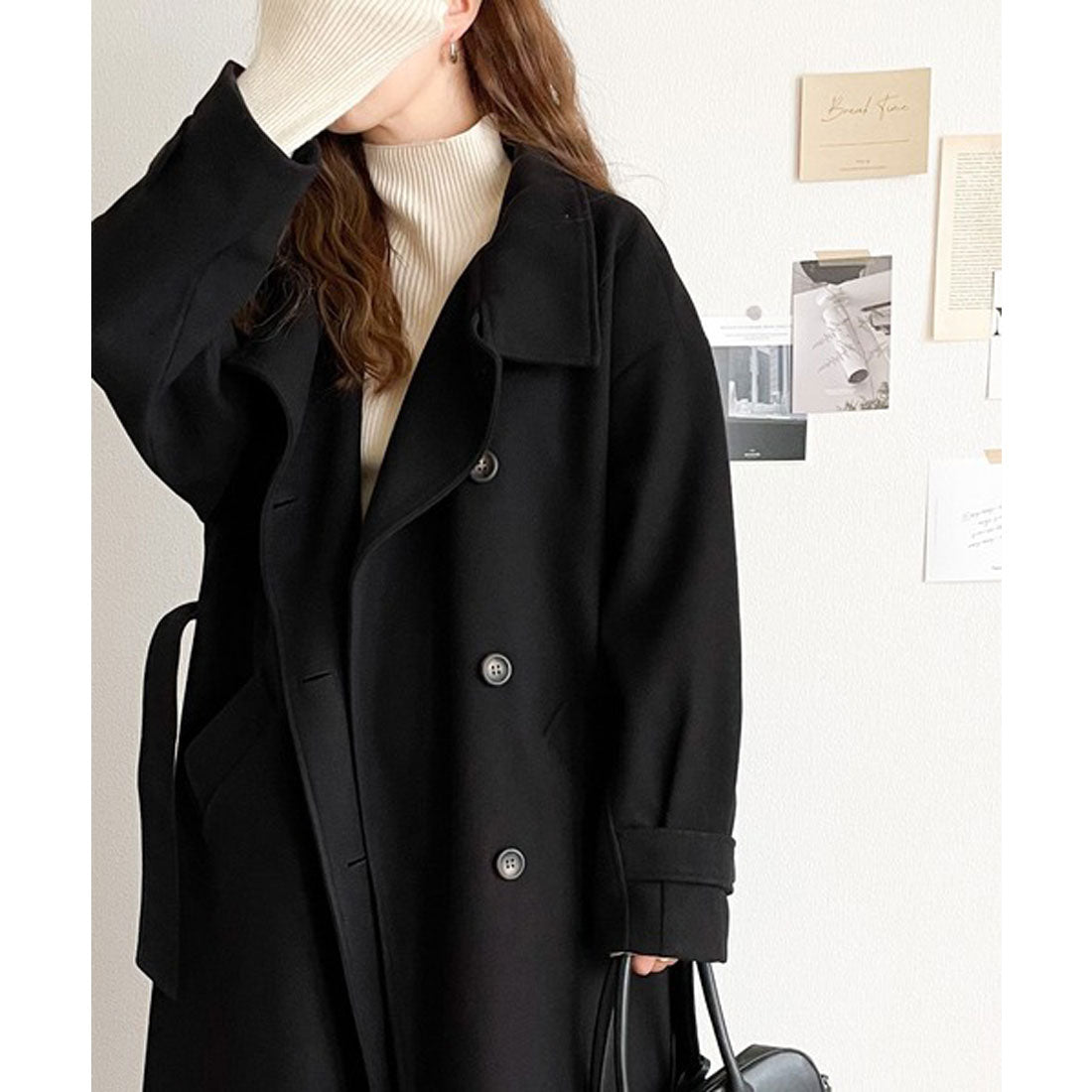 Classical Elf Long length is the mood♪ Knit mossa stand collar long coat