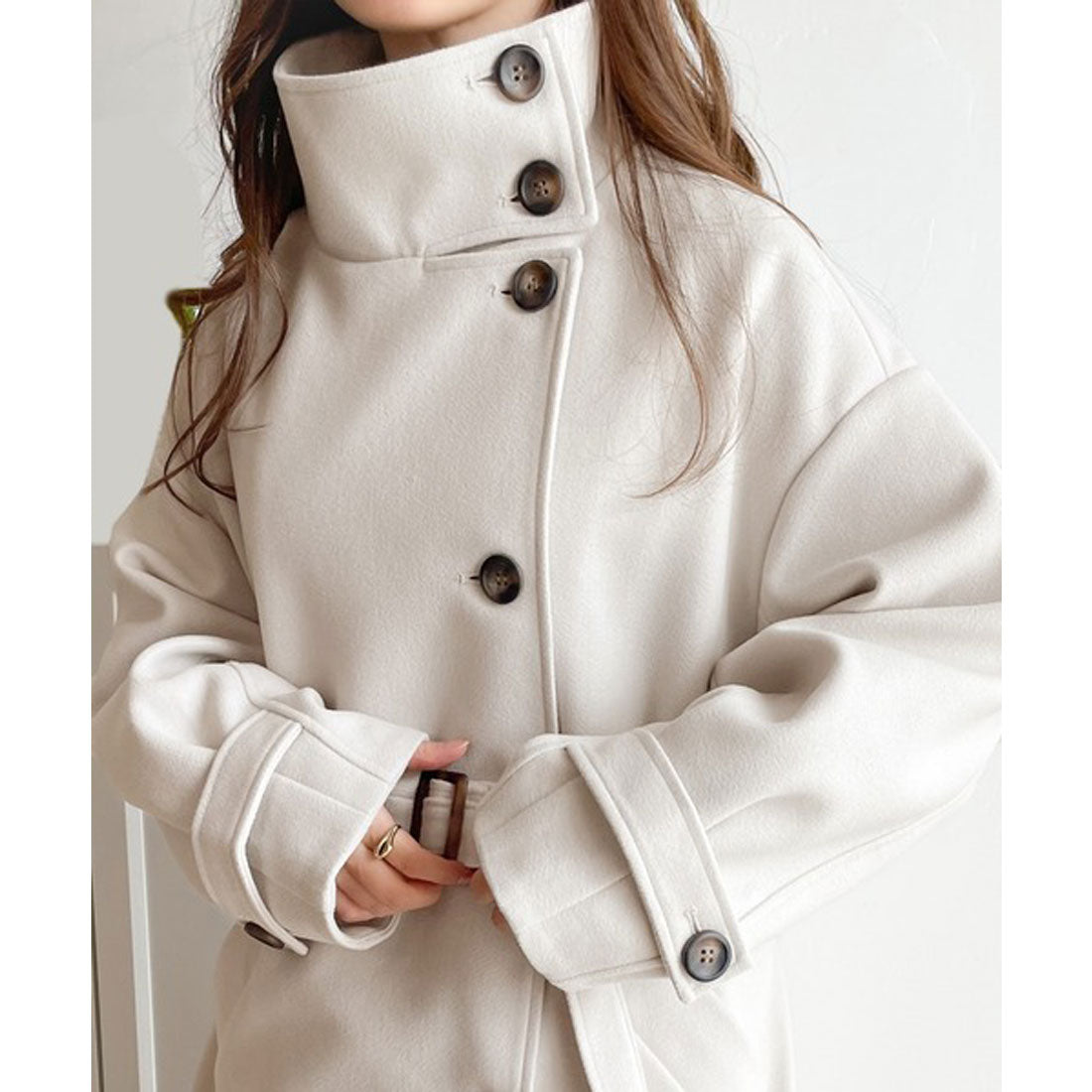 Classical Elf Long length is the mood♪ Knit mossa stand collar long coat