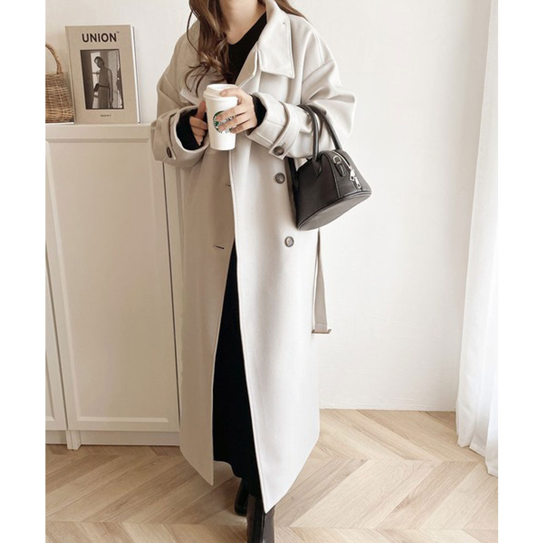 Classical Elf Long length is the mood♪ Knit mossa stand collar long coat