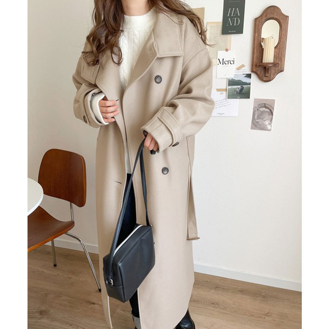 Classical Elf Long length is the mood♪ Knit mossa stand collar long coat