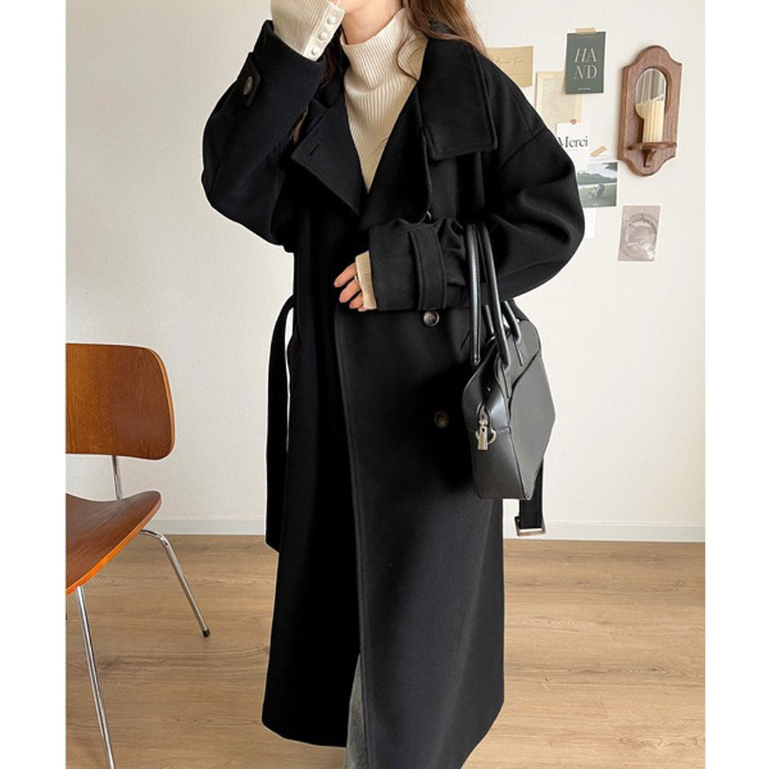 Classical Elf Long length is the mood♪ Knit mossa stand collar long coat