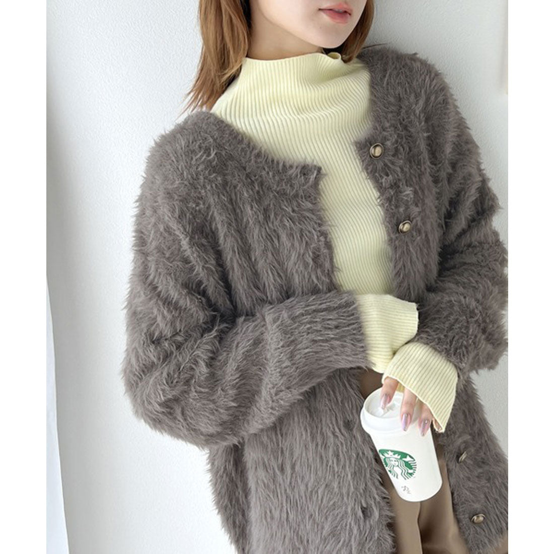 クラシカルエルフ Classical Elf 表情豊かな上品ニット。2wayフェザーニットカーデ,グレージュ