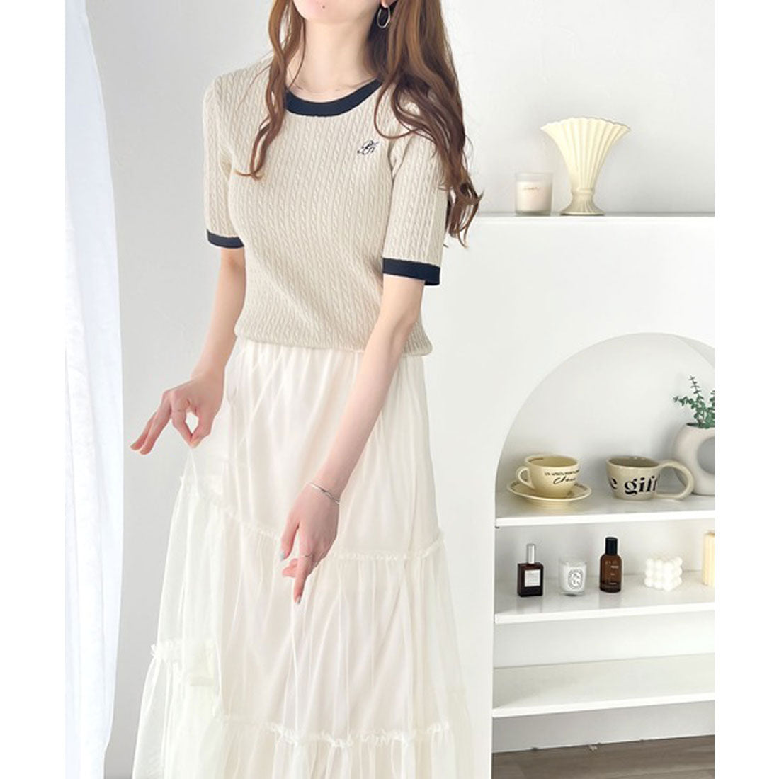 Classical Elf Retro cute versatile knit. Cable knit embroidered short sleeve knit pullover.