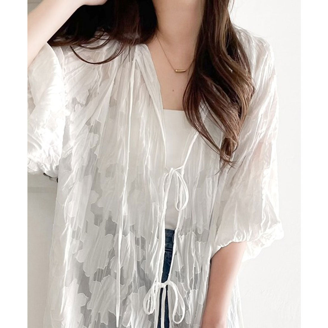 Classical Elf Elegant top with just the right amount of sheerness. Front and back 2-way volume sleeve ribbon sheer blouse.