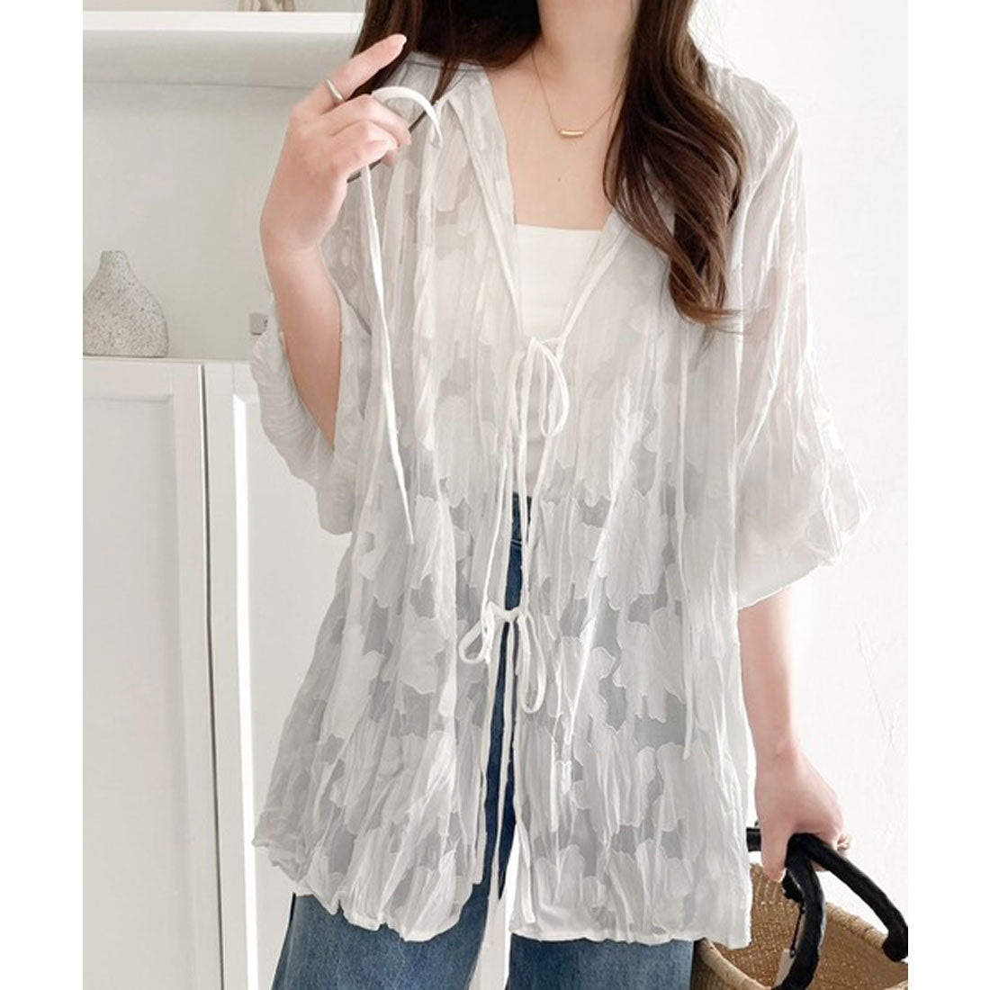 Classical Elf Elegant top with just the right amount of sheerness. Front and back 2-way volume sleeve ribbon sheer blouse.