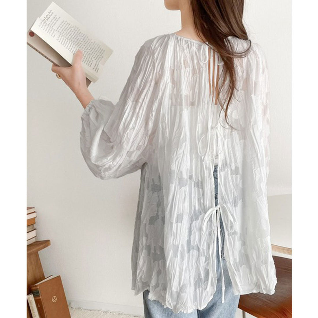 Classical Elf Elegant top with just the right amount of sheerness. Front and back 2-way volume sleeve ribbon sheer blouse.