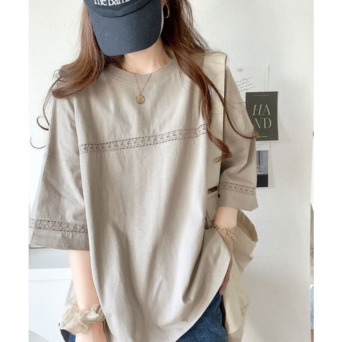 クラシカルエルフ Classical Elf 《JaVa ジャバコラボ》オーガニックコットン混 綿100％ハシゴレースフットボールTシャツ （グレージュ） グレージュ