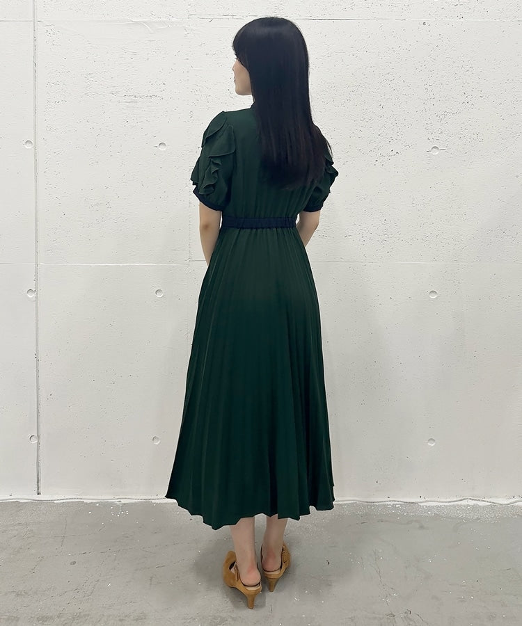 Cheek Frill Color Pleated Bow Tie Dress