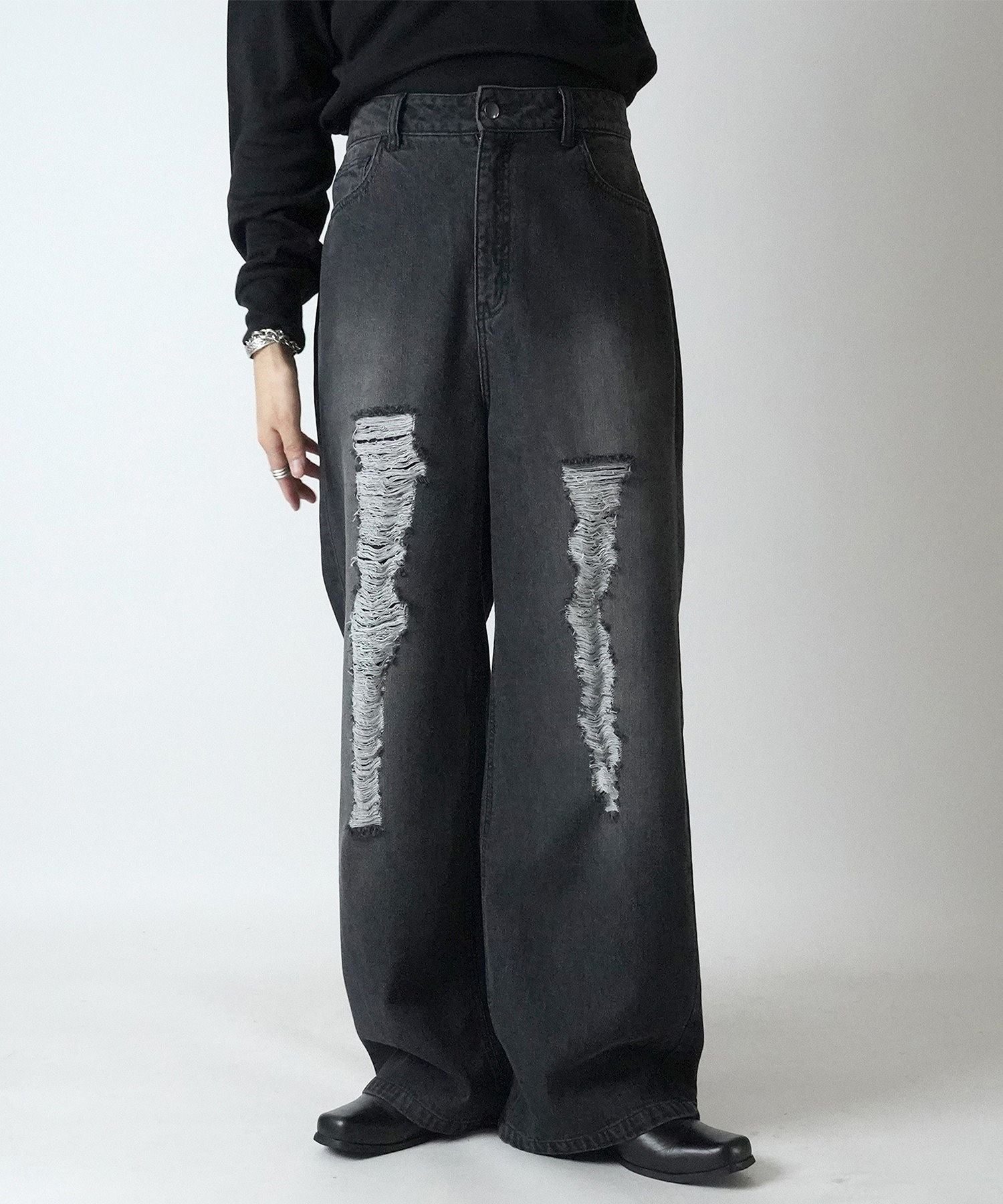 コンファーム Confirm ヴィンテージメイク ダメージ加工 ケミカルウォッシュ加工 ワイドストレートデニムパンツ （ブラック） ブラック