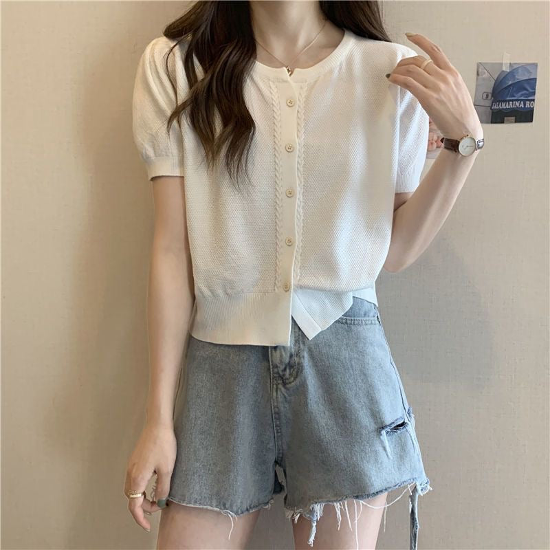 カルペディエム Carpe diem サマーニット トップス カーディガン ニット 春夏 サマー ショート丈 カーディガン Vネック サマー 半袖カーディガン おしゃれ オフィス 通勤 （ホワイト） ホワイト