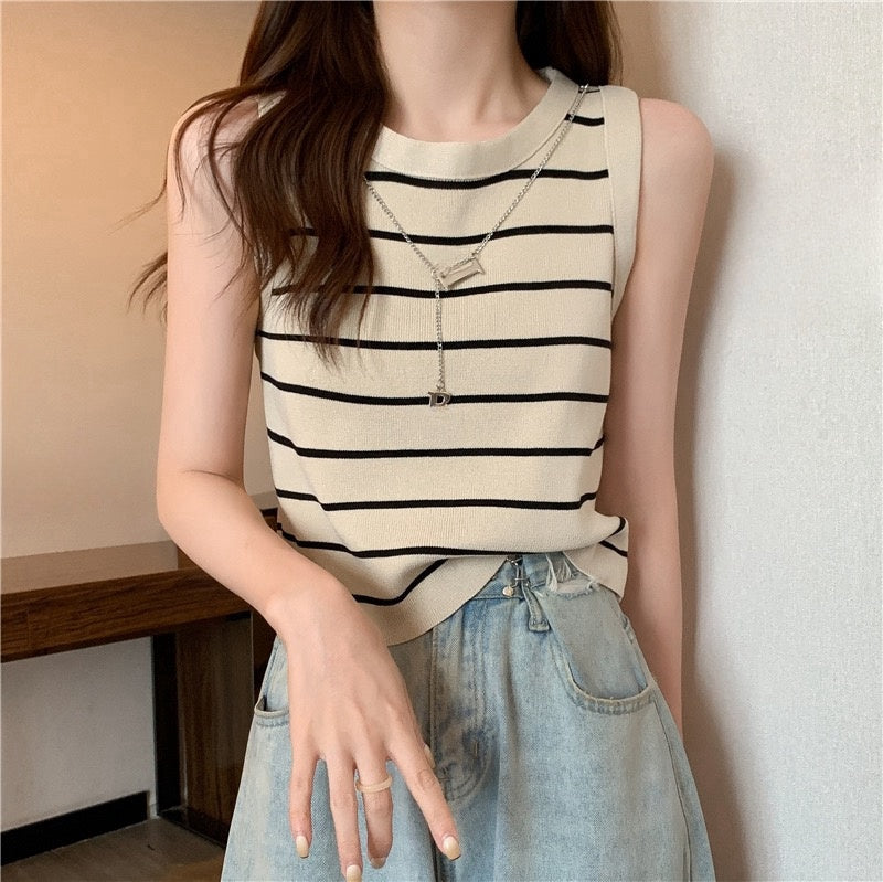 カルペディエム Carpe diem タンクトップ インナー トップス ボーダー タンクトップ リブ タンクトップ ニットタンクトップ ノースリーブ ニット サマーニット カジュアル ショート丈 （ホワイトボーダー） ホワイトボーダー