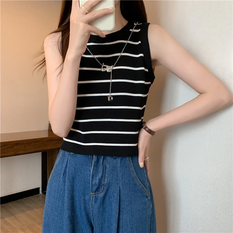 カルペディエム Carpe diem タンクトップ インナー トップス ボーダー タンクトップ リブ タンクトップ ニットタンクトップ ノースリーブ ニット サマーニット カジュアル ショート丈 （ホワイトボーダー） ホワイトボーダー