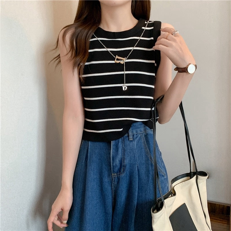 カルペディエム Carpe diem タンクトップ インナー トップス ボーダー タンクトップ リブ タンクトップ ニットタンクトップ ノースリーブ ニット サマーニット カジュアル ショート丈 （ホワイトボーダー） ホワイトボーダー