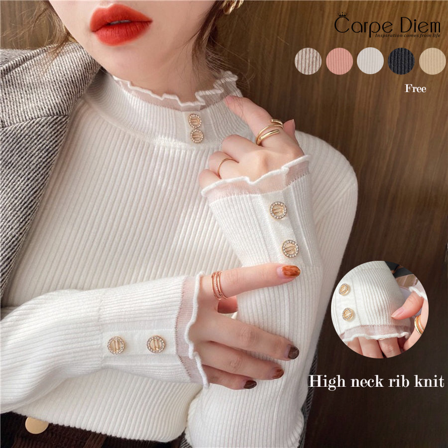 カルペディエム Carpe diem ニットトップス ハイネック メロウフリル カットソー フラワー 長袖 ゆったり 薄手ニット ボトルネック リブ編み インナー 着回し きれいめ 通勤 （ピンク） ピンク