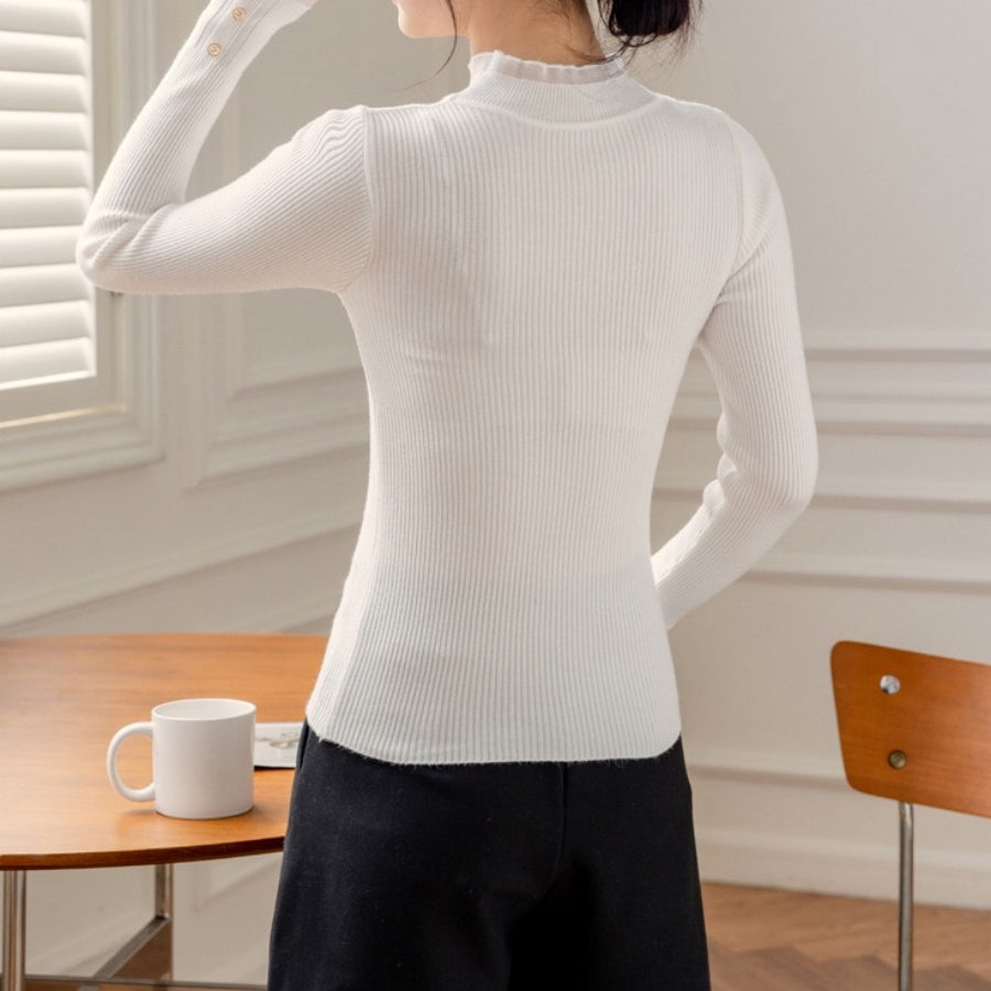 カルペディエム Carpe diem ニットトップス ハイネック メロウフリル カットソー フラワー 長袖 ゆったり 薄手ニット ボトルネック リブ編み インナー 着回し きれいめ 通勤 （ピンク） ピンク