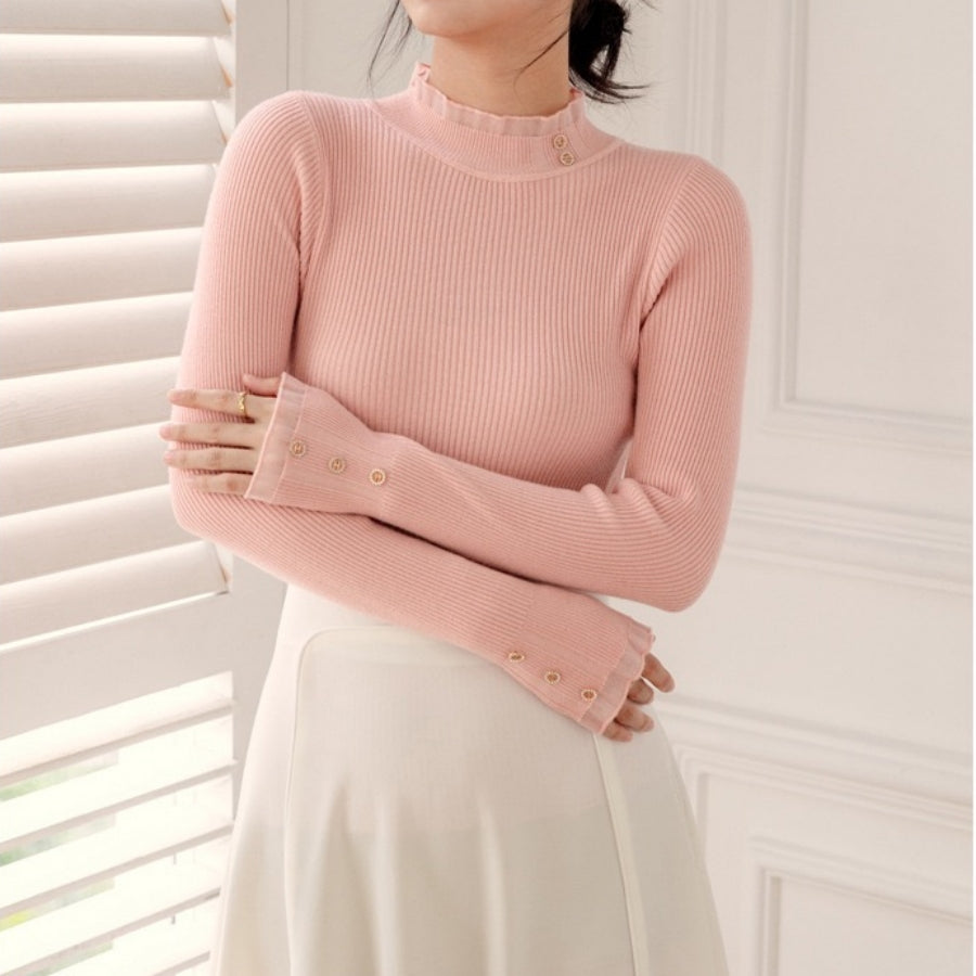 カルペディエム Carpe diem ニットトップス ハイネック メロウフリル カットソー フラワー 長袖 ゆったり 薄手ニット ボトルネック リブ編み インナー 着回し きれいめ 通勤 （ピンク） ピンク