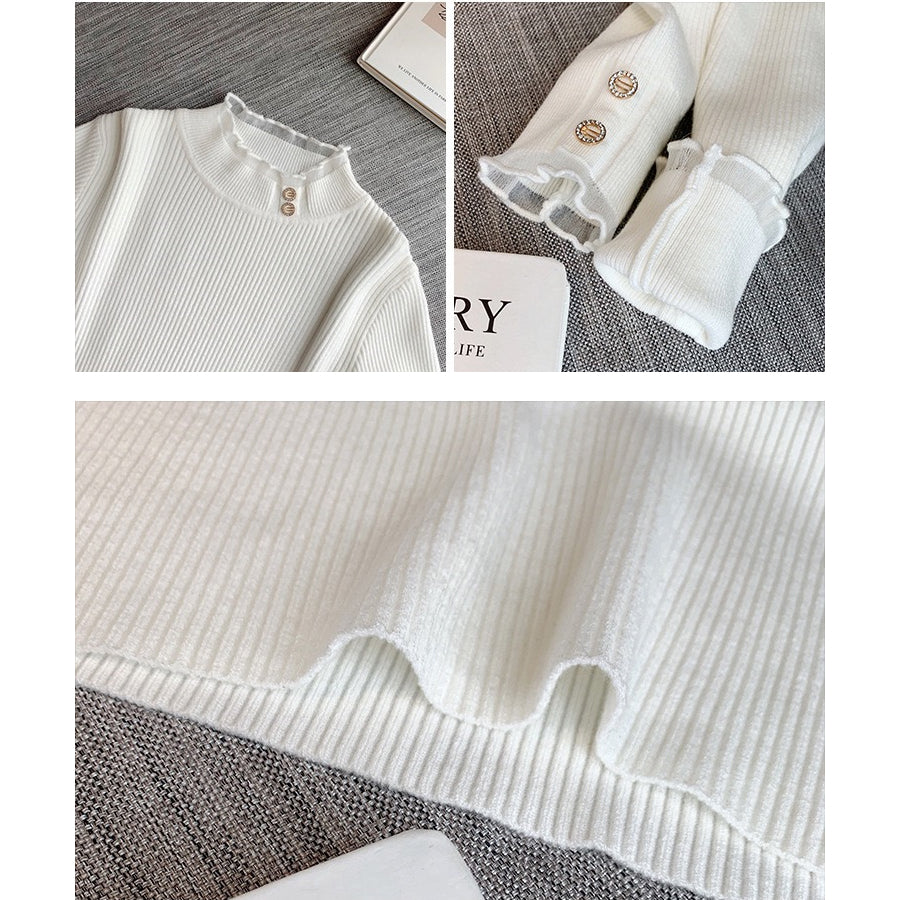 カルペディエム Carpe diem ニットトップス ハイネック メロウフリル カットソー フラワー 長袖 ゆったり 薄手ニット ボトルネック リブ編み インナー 着回し きれいめ 通勤 （ピンク） ピンク