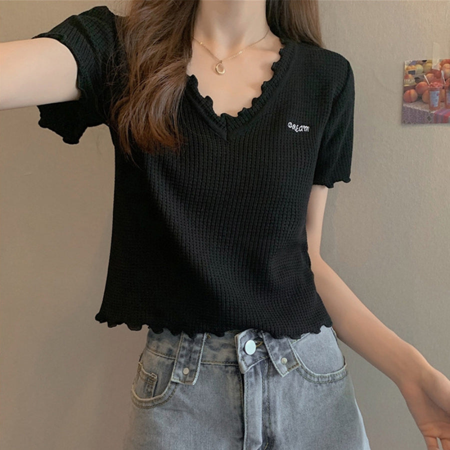 カルペディエム Carpe diem Tシャツ ショート丈 Tシャツ半袖 トップス サマーニット vネック ベーシック刺繍 カットソー シンプル 可愛い 無地 ワッフルカットソー ロゴt 新作tシャツ シンプル （ブラック） ブラック