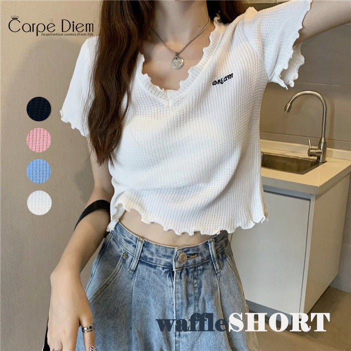 カルペディエム Carpe diem Tシャツ ショート丈 Tシャツ半袖 トップス サマーニット vネック ベーシック刺繍 カットソー シンプル 可愛い 無地 ワッフルカットソー ロゴt 新作tシャツ シンプル （ブラック） ブラック