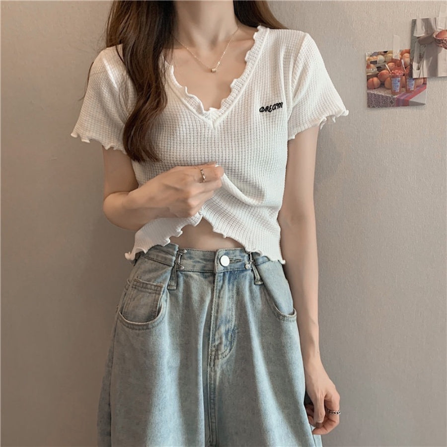 カルペディエム Carpe diem Tシャツ ショート丈 Tシャツ半袖 トップス サマーニット vネック ベーシック刺繍 カットソー シンプル 可愛い 無地 ワッフルカットソー ロゴt 新作tシャツ シンプル （ブラック） ブラック