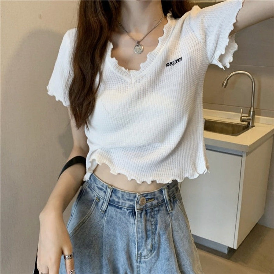 カルペディエム Carpe diem Tシャツ ショート丈 Tシャツ半袖 トップス サマーニット vネック ベーシック刺繍 カットソー シンプル 可愛い 無地 ワッフルカットソー ロゴt 新作tシャツ シンプル （ブラック） ブラック