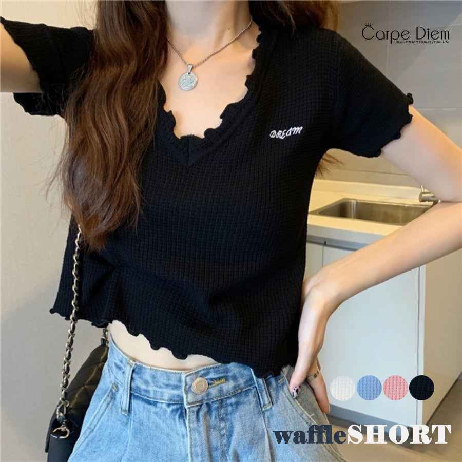 カルペディエム Carpe diem Tシャツ ショート丈 Tシャツ半袖 トップス サマーニット vネック ベーシック刺繍 カットソー シンプル 可愛い 無地 ワッフルカットソー ロゴt 新作tシャツ シンプル （ブラック） ブラック
