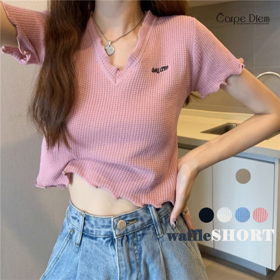 カルペディエム Carpe diem Tシャツ ショート丈 Tシャツ半袖 トップス サマーニット vネック ベーシック刺繍 カットソー シンプル 可愛い 無地 ワッフルカットソー ロゴt 新作tシャツ シンプル （ブラック） ブラック